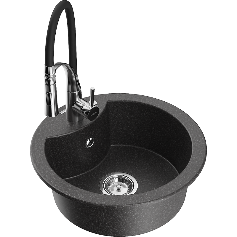 Mexen Diego lava-loiça de granito de 1 cuba com torneira de cozinha Aster, preto salpicado - 6512-76-73450-07
