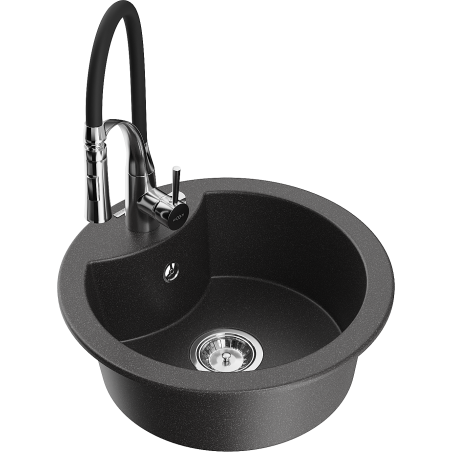 Mexen Diego granite sink 1-bowl with Aster kitchen tap, black speckled - 6512-76-73450-07