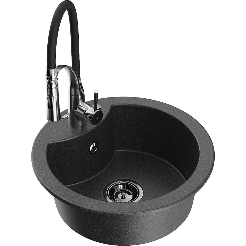 Mexen Diego 1-bowl granite sink with Aster kitchen tap, black speckled - 6512-76-73450-07-B