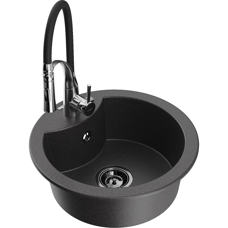 Mexen Diego fregadero de granito de 1 cubeta con grifo de cocina Aster, negro moteado - 6512-76-73450-07-B