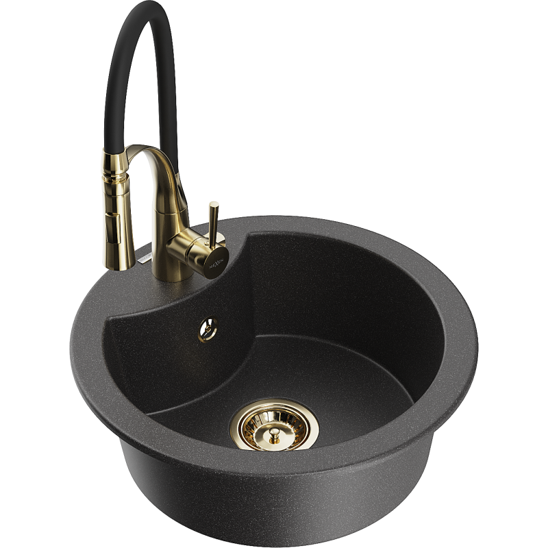 Mexen Diego 1-Bowl Granite Kitchen Sink with Aster Tap, Black Speckled - 6512-76-73450-57-G