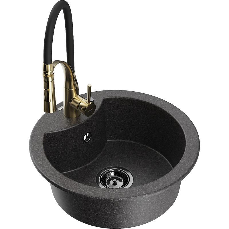 Mexen Diego fregadero de granito de 1 seno con grifo de cocina Aster, negro moteado - 6512-76-73450-57-B