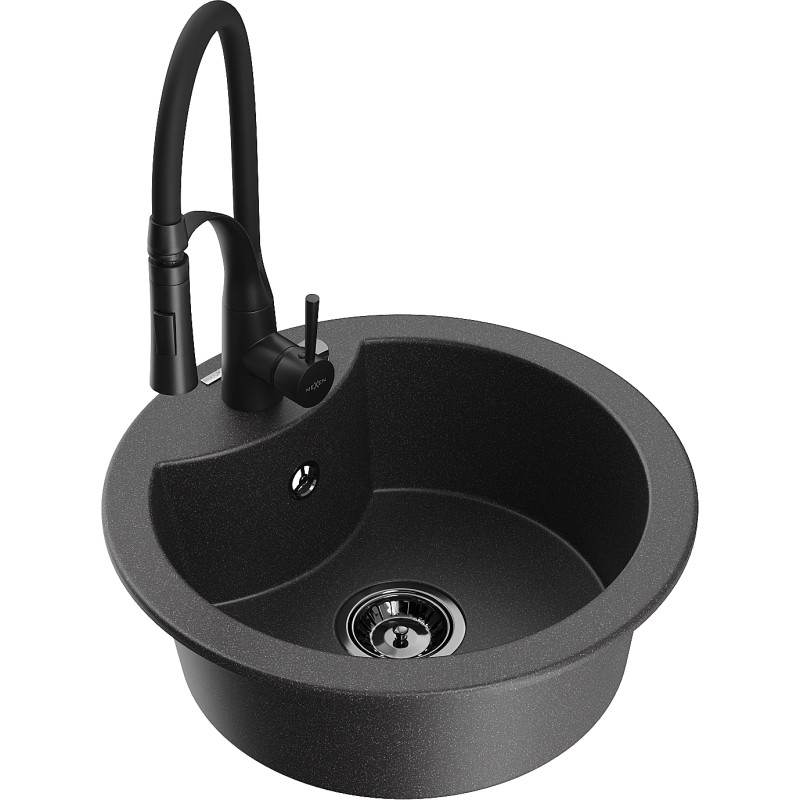 Mexen Diego granitische gootsteen met 1 kamer en keukenmengkraan Aster, zwart gespikkeld - 6512-76-73450-70-B