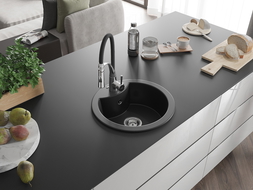 Mexen Diego granite sink 1-bowl with Aster kitchen tap, black - 6512-77-73450-07