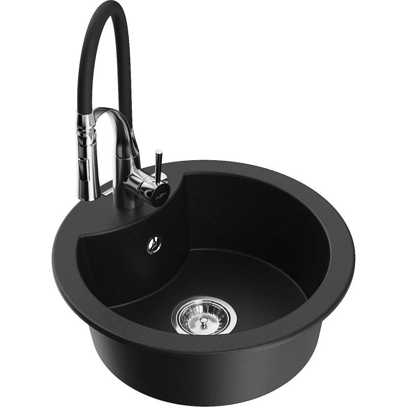 Mexen Diego fregadero de granito de 1 cubeta con grifo de cocina Aster, negro - 6512-77-73450-07