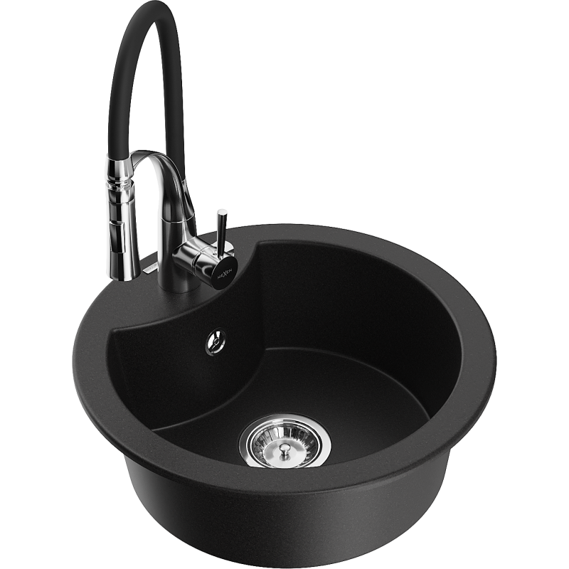 Mexen Diego granite sink 1-bowl with Aster kitchen tap, black - 6512-77-73450-07