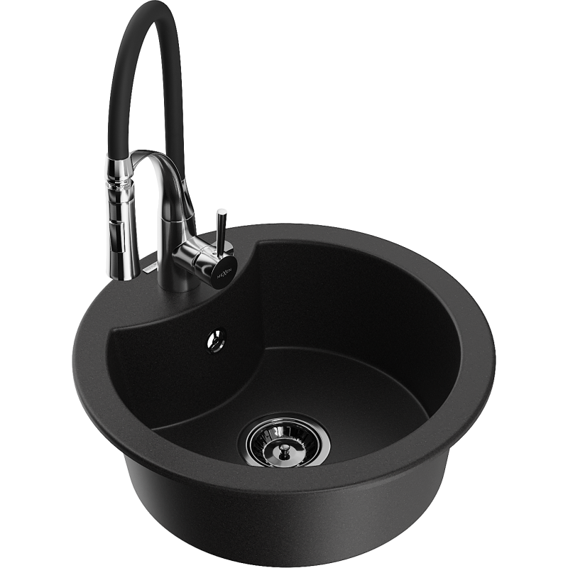 Mexen Diego granite kitchen sink 1-bowl with Aster kitchen tap, black - 6512-77-73450-07-B