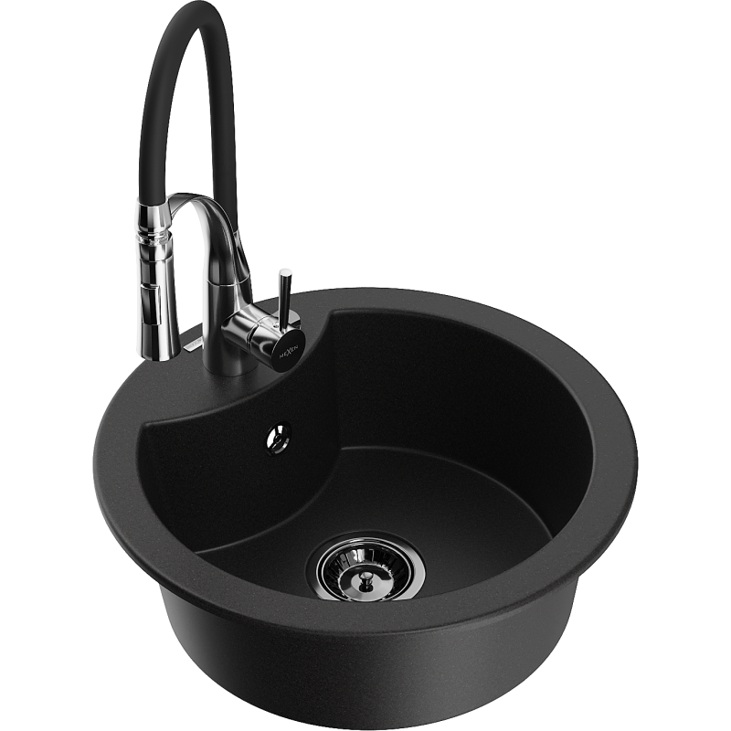Mexen Diego lava-loiça de granito de 1 cuba com torneira de cozinha Aster, preto - 6512-77-73450-07-B