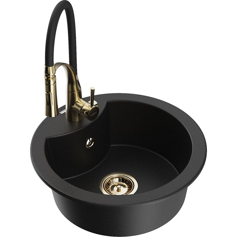 Mexen Diego fregadero de granito de 1 cámara con grifo de cocina Aster, negro - 6512-77-73450-57-G
