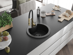 Mexen Diego granite kitchen sink 1-bowl with Aster kitchen faucet, black - 6512-77-73450-57-B