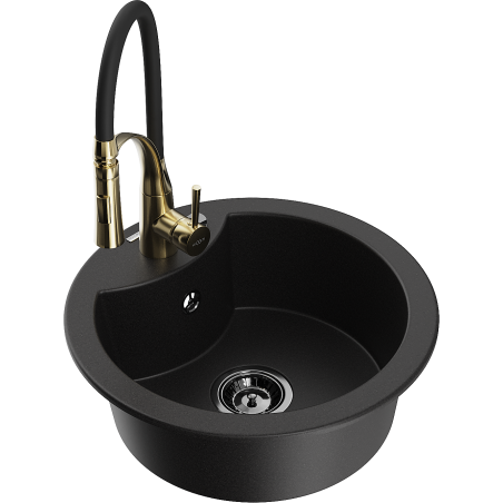 Mexen Diego Granite Sink 1-Bowl with Aster Kitchen Tap, Black - 6512-77-73450-57-B