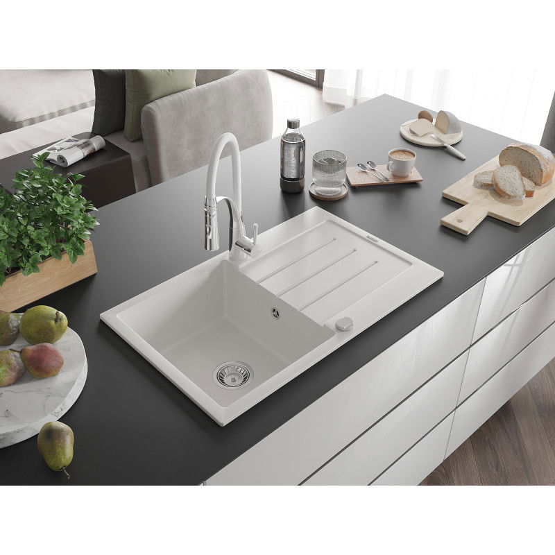 Mexen Bruno granite sink 1-bowl with drainer and Aster kitchen tap, white - 6513-20-73450-02