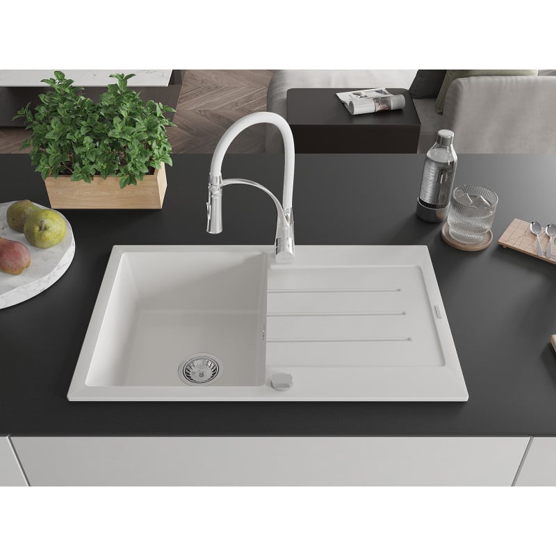 Mexen Bruno granite sink 1-bowl with drainer and Aster kitchen tap, white - 6513-20-73450-02