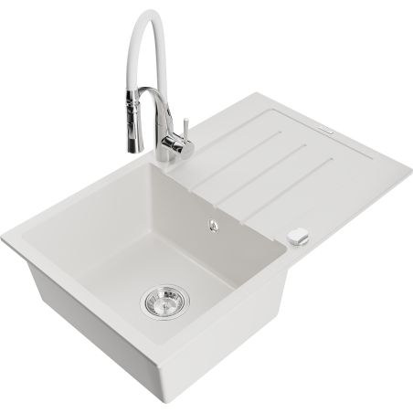 Mexen Bruno fregadero de granito de 1 seno con escurridor y grifo de cocina Aster, blanco - 6513-20-73450-02