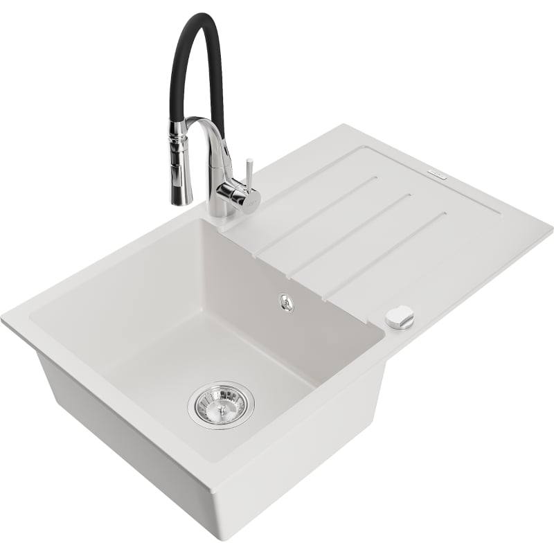 Mexen Bruno 1-bowl granite kitchen sink with drainer and Aster kitchen faucet, white - 6513-20-73450-07