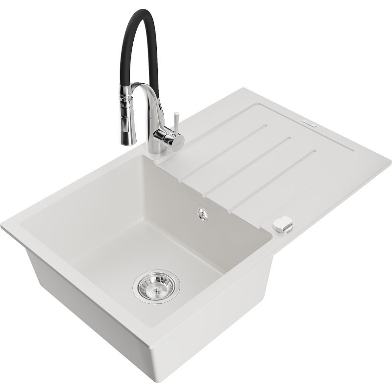 Mexen Bruno fregadero de granito de 1 cubeta con escurridor y grifo de cocina Aster, blanco - 6513-20-73450-07