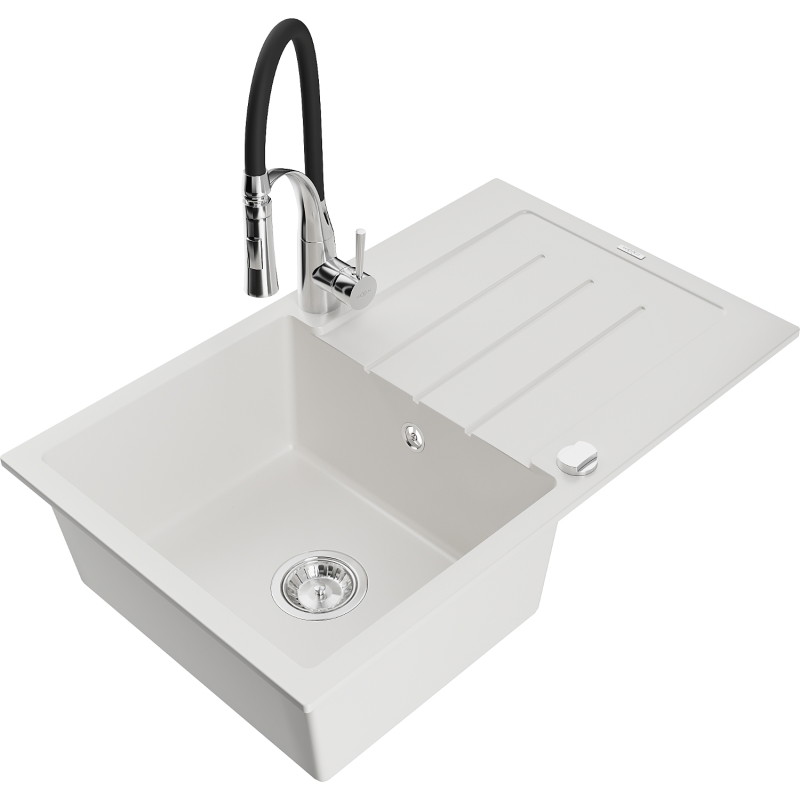 Mexen Bruno fregadero de granito de 1 seno con escurridor y grifo de cocina Aster, blanco - 6513-20-73450-07