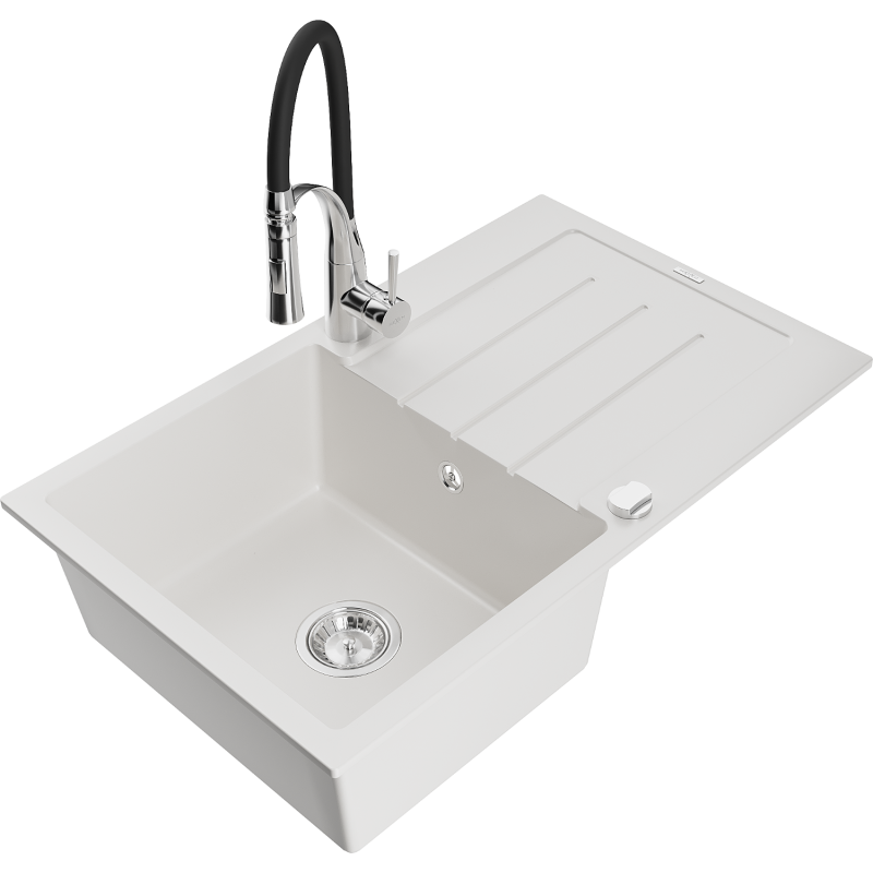 Mexen Bruno granite sink 1-bowl with drainer and Aster kitchen tap, white - 6513-20-73450-07