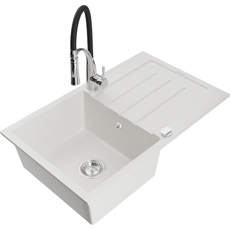 Mexen Bruno fregadero de granito de 1 cubeta con escurridor y grifo de cocina Aster, blanco - 6513-20-73450-07