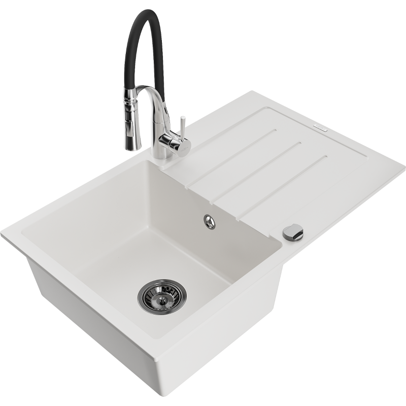 Mexen Bruno lava-louça de granito de 1 cuba com escorredor e torneira de cozinha Aster, branco - 6513-20-73450-07-B