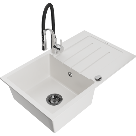 Mexen Bruno granite sink 1-bowl with drainer and Aster kitchen tap, white - 6513-20-73450-07-B