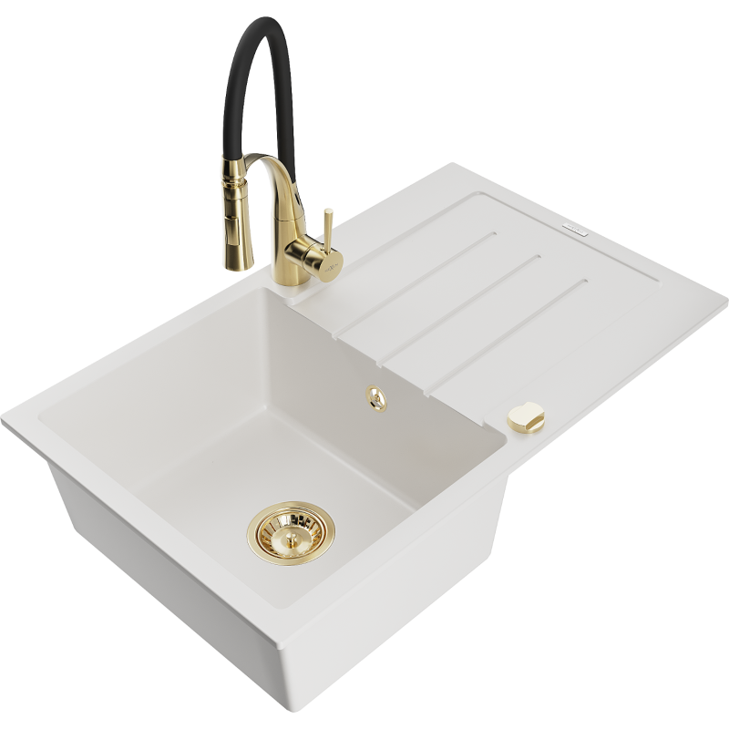 Mexen Bruno granieten spoelbak 1-kommer met afdruipplaat en keukenkraan Aster, wit - 6513-20-73450-57-G