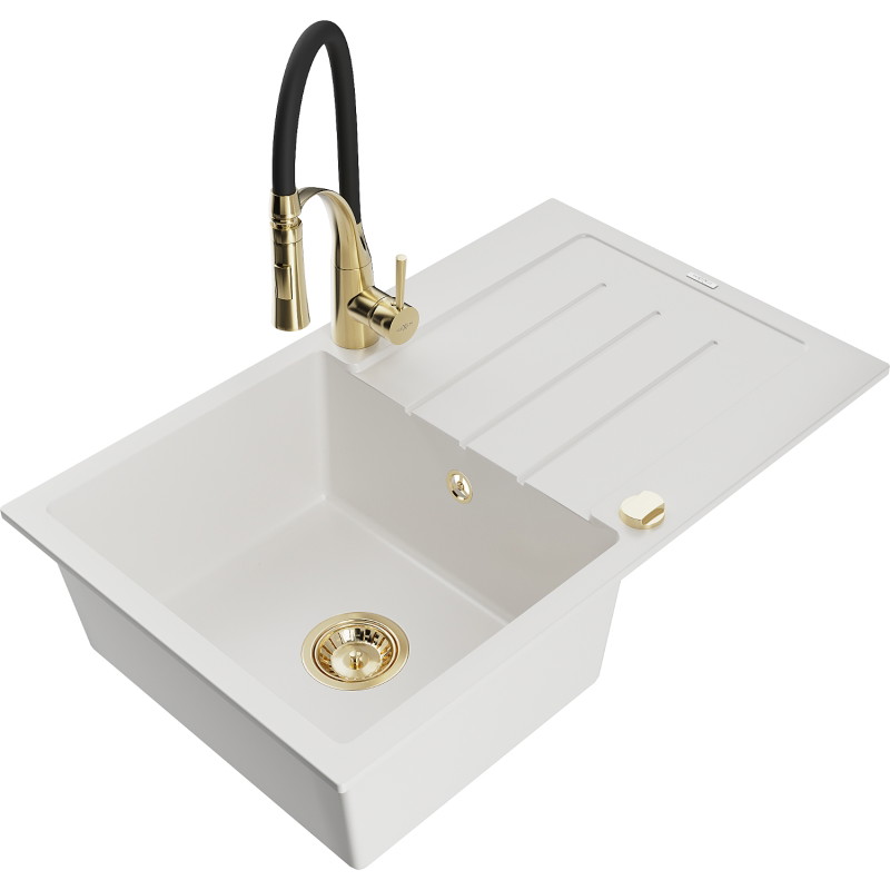 Mexen Bruno Granitspüle 1-Becken mit Abtropffläche und Küchenarmatur Aster, weiß - 6513-20-73450-57-G