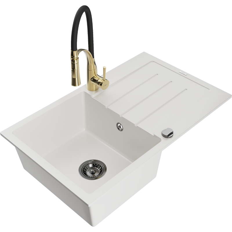 Mexen Bruno 1-bowl granite sink with drainer and Aster kitchen tap, white - 6513-20-73450-57-B