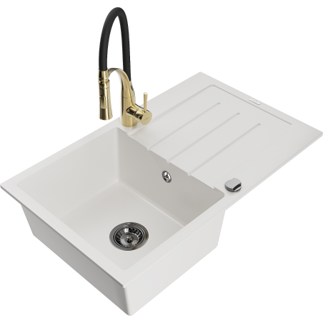 Mexen Bruno 1-bowl granite sink with drainer and Aster kitchen tap, white - 6513-20-73450-57-B