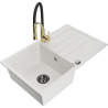 Mexen Bruno 1-bowl granite sink with drainer and Aster kitchen tap, white - 6513-20-73450-57-B