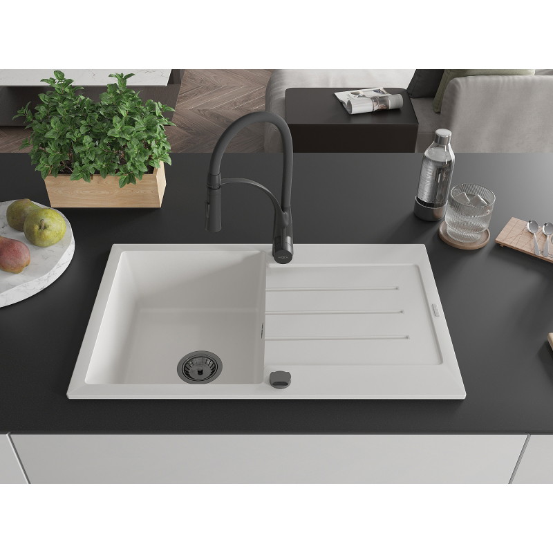 Mexen Bruno fregadero de granito de 1 seno con escurridor y grifo de cocina Aster, blanco - 6513-20-73450-70-B