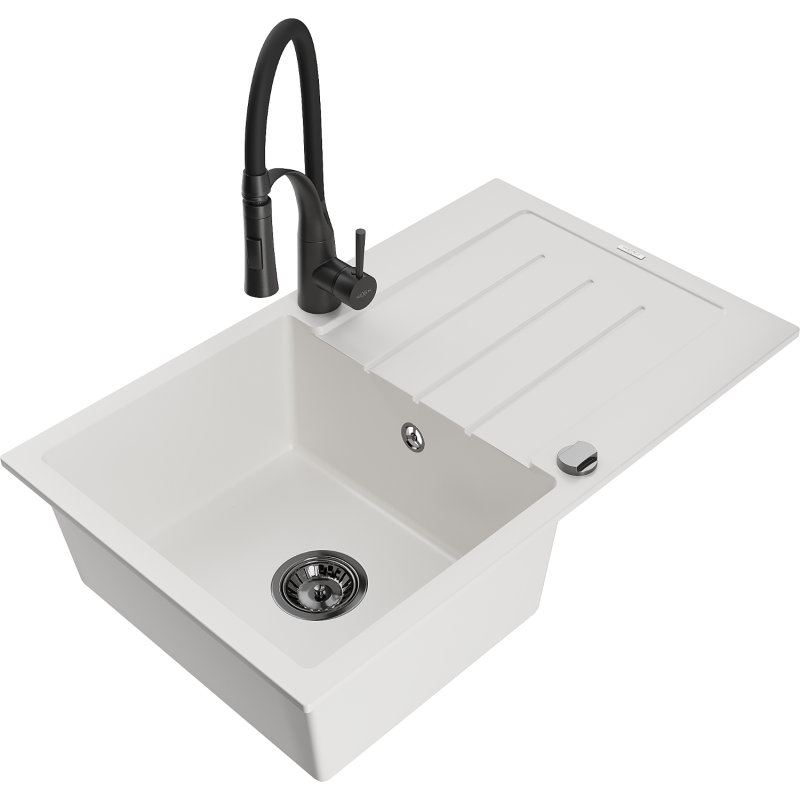 Mexen Bruno granite sink 1-bowl with drainer and Aster kitchen tap, white - 6513-20-73450-70-B