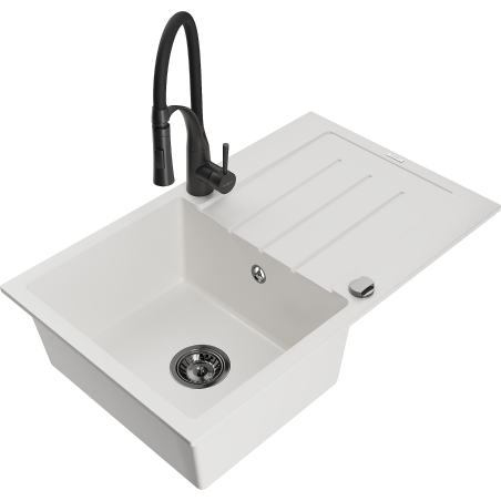 Mexen Bruno granite sink 1-bowl with drainer and Aster kitchen tap, white - 6513-20-73450-70-B