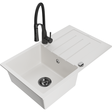 Mexen Bruno lava-louça de granito de 1 câmara com escorredor e torneira de cozinha Aster, branco - 6513-20-73450-70-B