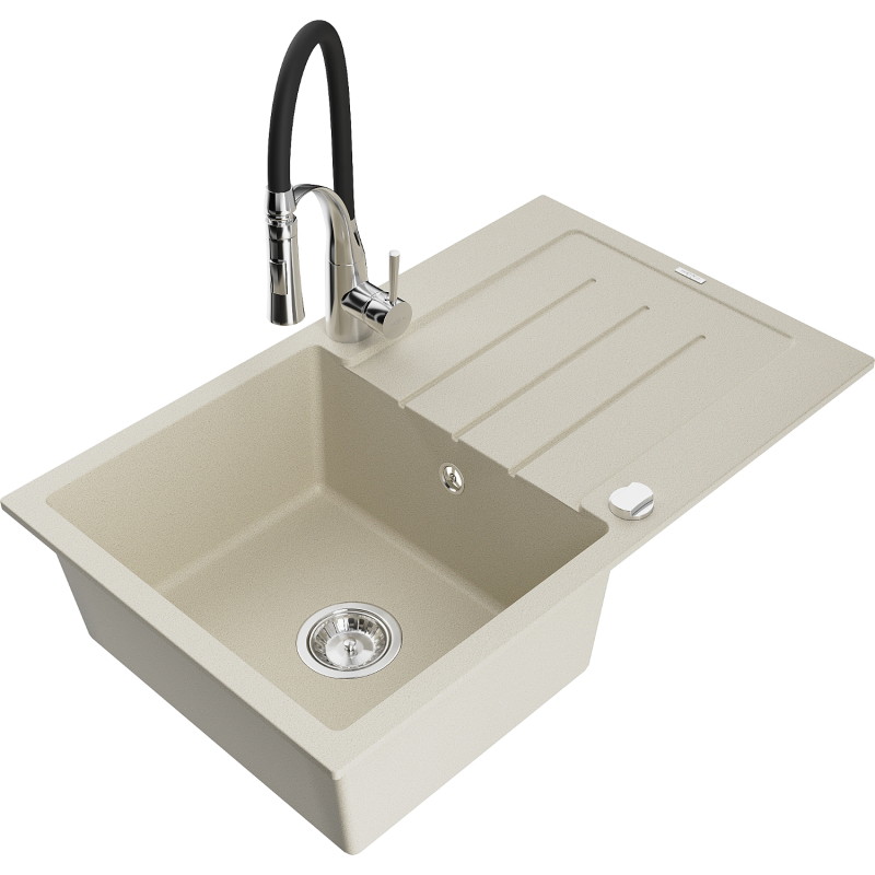 Mexen Bruno 1-komorige granieten spoelbak met afdruiprek en keukenmengkraan Aster, beige - 6513-69-73450-07