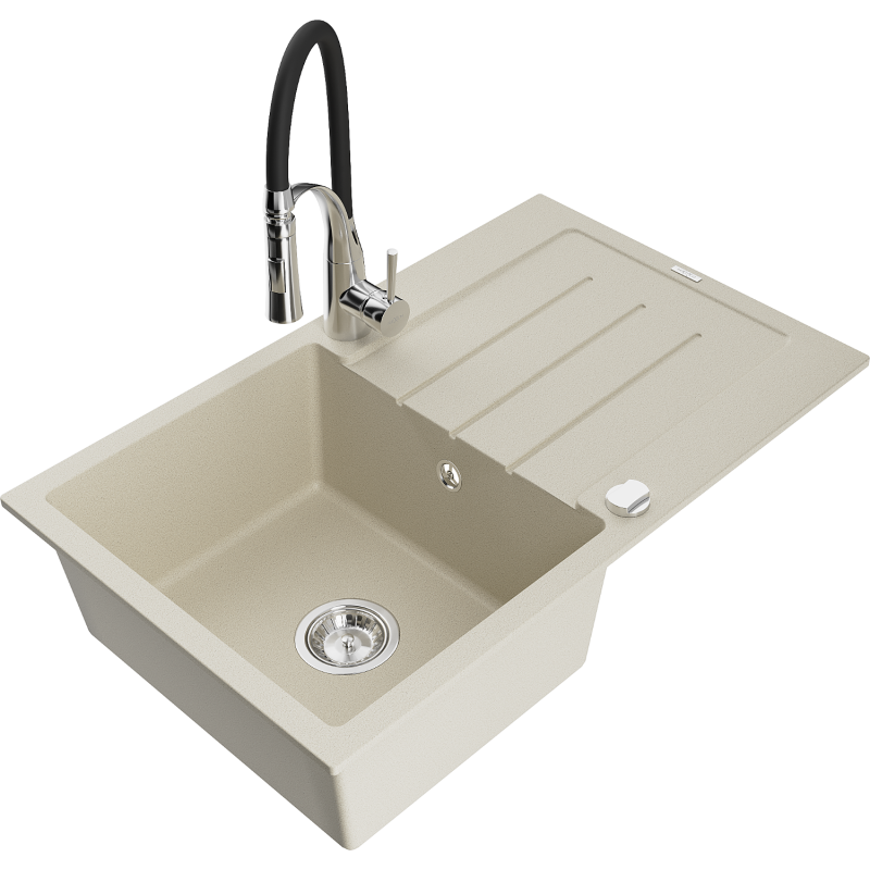 Mexen Bruno fregadero de granito de 1 seno con escurridor y grifo de cocina Aster, beige - 6513-69-73450-07