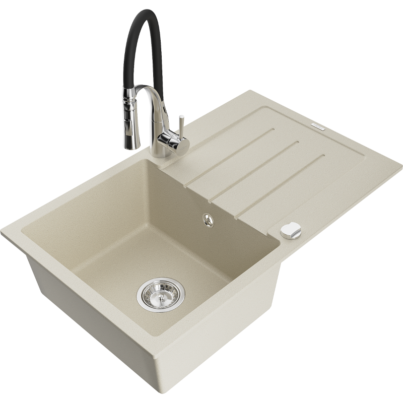 Mexen Bruno lavello in granito a 1 vasca con sgocciolatoio e rubinetto da cucina Aster, beige - 6513-69-73450-07