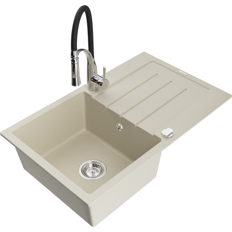 Mexen Bruno 1-bowl granite sink with drainer and Aster kitchen tap, beige - 6513-69-73450-07