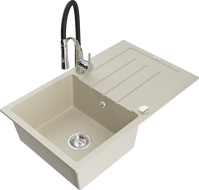 Mexen Bruno granieten spoelbak met 1 kom en afdruiprek en Aster keukenkraan, beige - 6513-69-73450-07