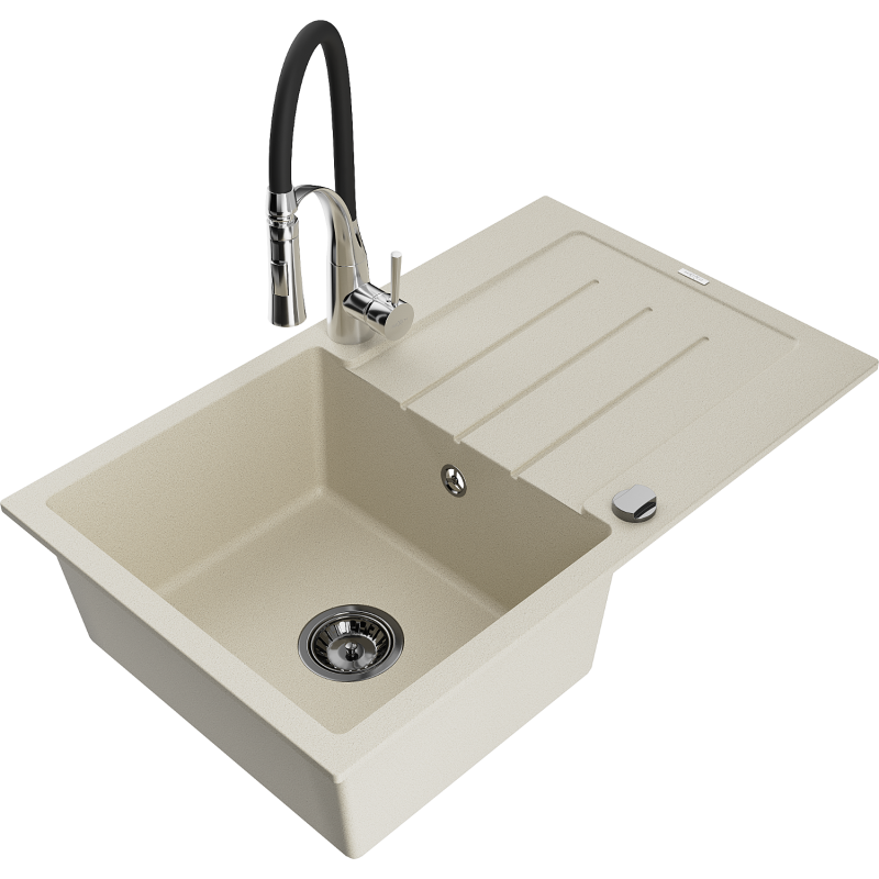 Mexen Bruno fregadero de granito de 1 cubeta con escurridor y grifo de cocina Aster, beige - 6513-69-73450-07-B