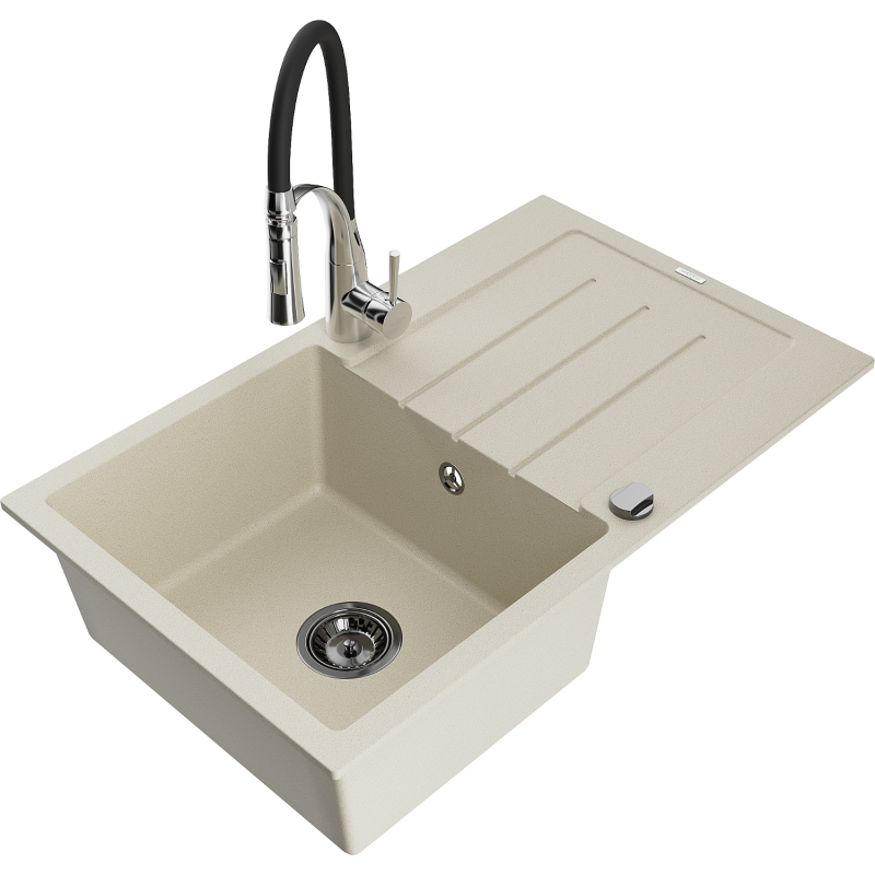 Mexen Bruno lava-louça de granito de 1 cuba com escorredor e torneira de cozinha Aster, bege - 6513-69-73450-07-B