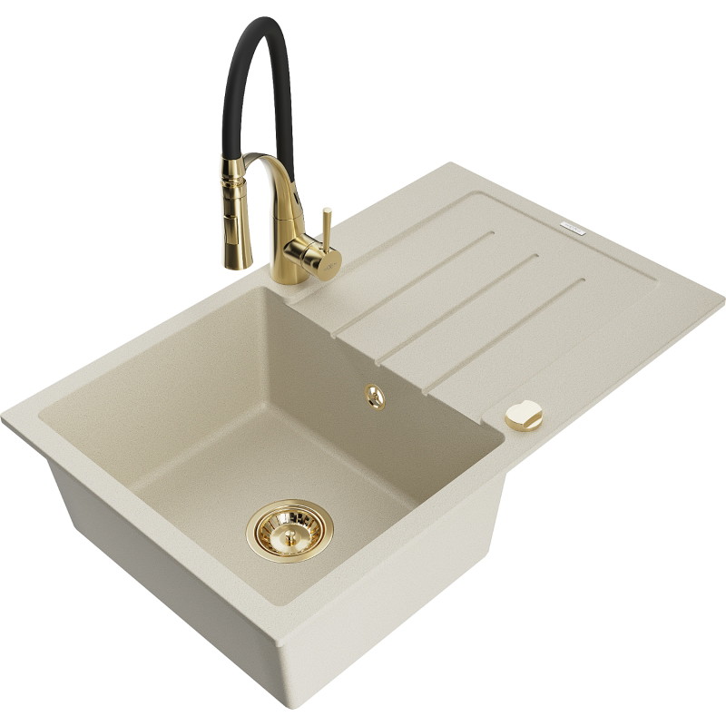 Mexen Bruno Évier en granit 1 bac avec égouttoir et robinet de cuisine Aster, beige - 6513-69-73450-57-G