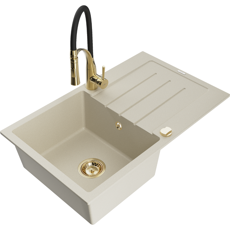 Mexen Bruno fregadero de granito de 1 seno con escurridor y grifo de cocina Aster, beige - 6513-69-73450-57-G
