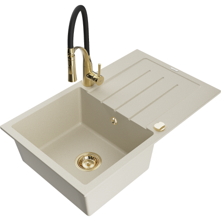 Mexen Bruno Einbauspüle aus Granit 1-beckig mit Abtropffläche und Küchenarmatur Aster, beige - 6513-69-73450-57-G