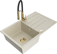 Mexen Bruno granieten gootsteen met 1 bak en afdruiprek en keukenmengkraan Aster, beige - 6513-69-73450-57-G