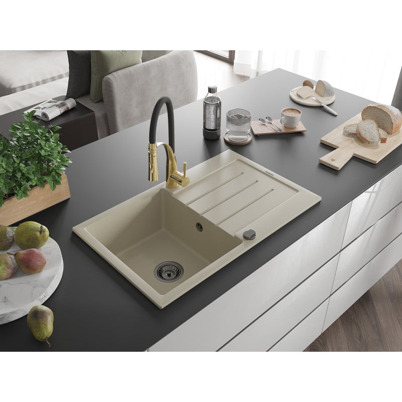 Mexen Bruno fregadero de granito de 1 taza con escurridor y grifo de cocina Aster, beige - 6513-69-73450-57-B