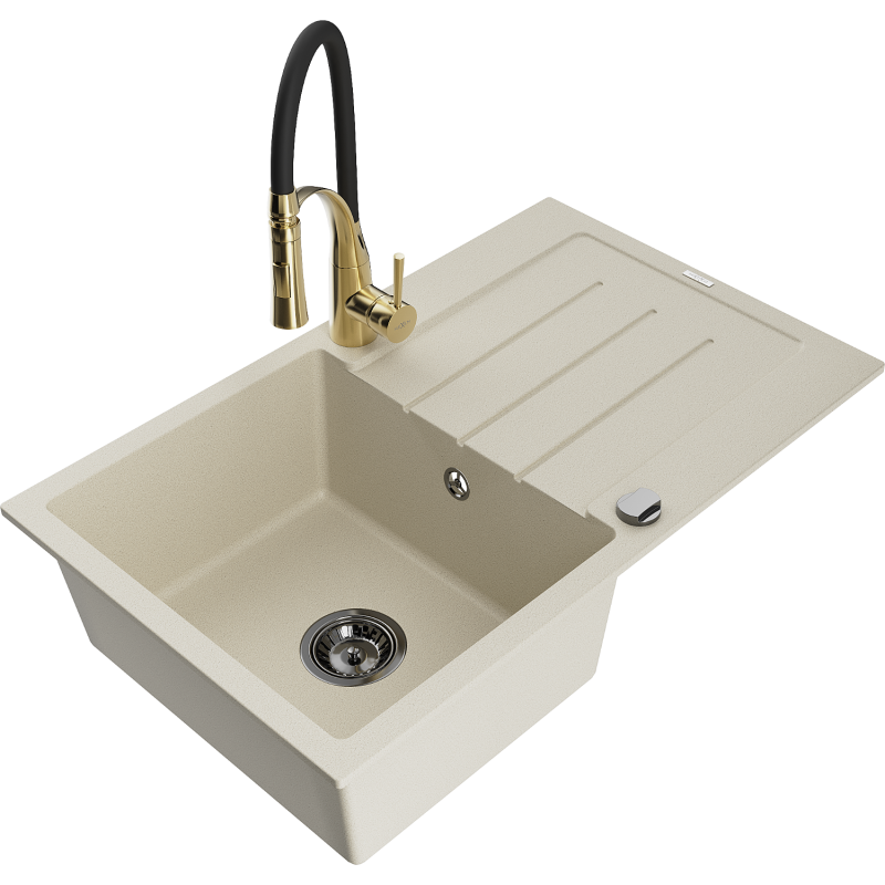Mexen Bruno fregadero de granito de 1 taza con escurridor y grifo de cocina Aster, beige - 6513-69-73450-57-B