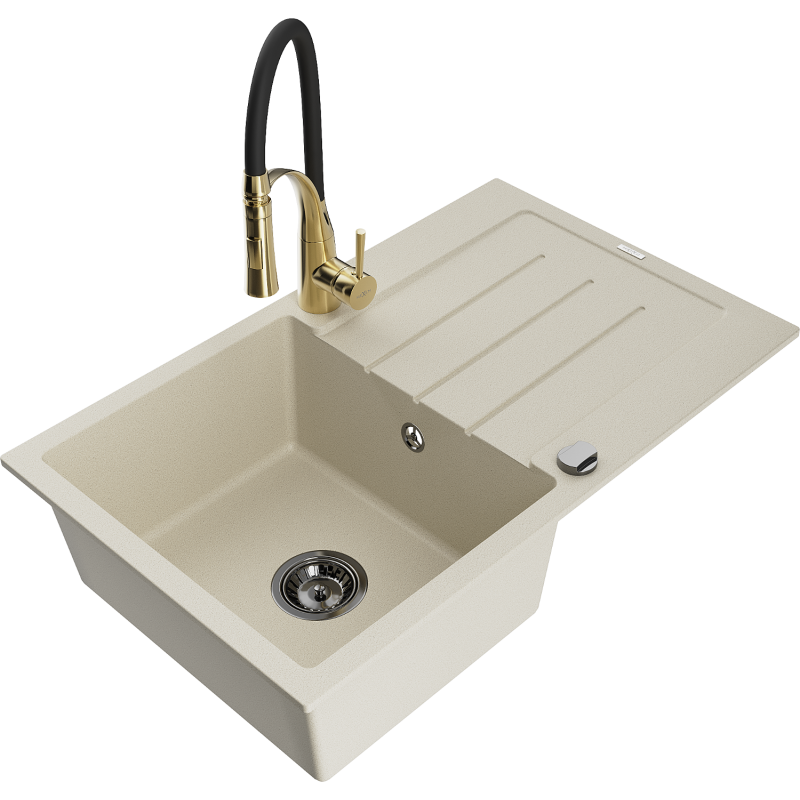 Mexen Bruno granieten spoelbak met 1 bak, afdruiprek en keukenmengkraan Aster, beige - 6513-69-73450-57-B
