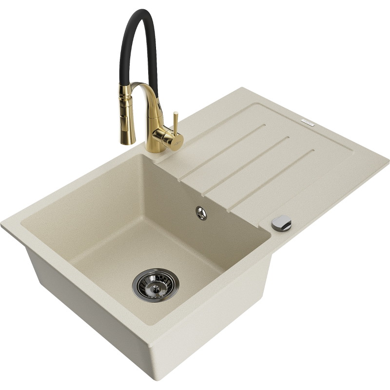 Mexen Bruno Granitspüle 1-Becken mit Abtropffläche und Küchenarmatur Aster, beige - 6513-69-73450-57-B