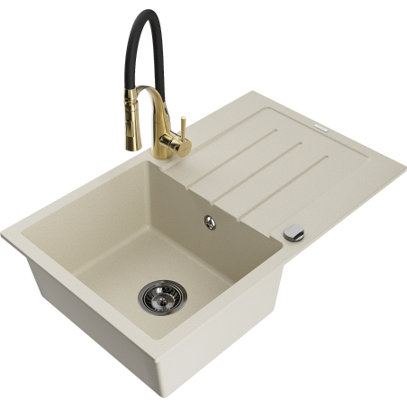 Mexen Bruno granite sink 1-bowl with drainer and Aster kitchen tap, beige - 6513-69-73450-57-B